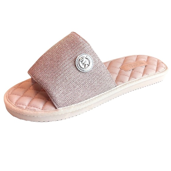Michael Kors Womens Size 8 Janis Pink Sports MK Logo Slides Sandals - Picture 1 of 8
